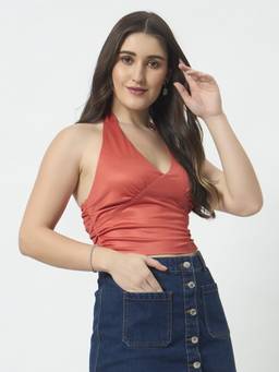 Trend Arrest - Coral Halter Neck Crop Top
