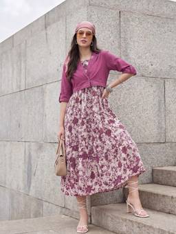 ZUMMER - Cotton Magenta Printed Fit And Flare Dress With Jacket