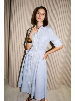 VALERE - Blue Stripe Belted Shirt Fit And Flare Dress with Belt