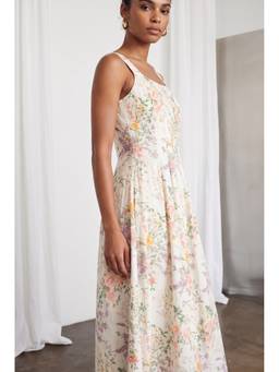 VALERE - Ivory Floral Print Satin Fit And Flare Dress