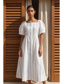VALERE - White Blue Stripe Puff Sleeve Fit And Flare Dress