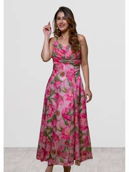 VALERE - Pink Floral Print Silk Organza Sweetheart Neck Dress