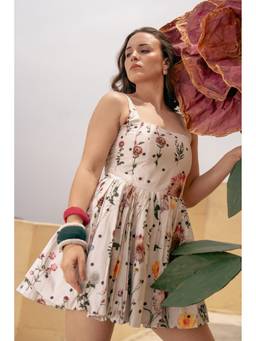 VALERE - White Floral Polka Print Cotton Corset Bubble Hem Dress