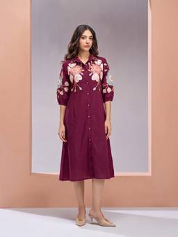 ZUMMER - Maroon Floral Embroidered Dress