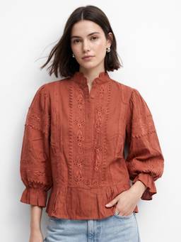 Outzidr - Rust Mandarin Collared Schiffli Top