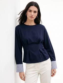Outzidr - Navy Blue Round Neck Peplum Top