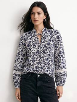 Outzidr - Navy Blue All Over Printed Blousson Top