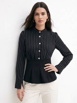Outzidr - Black Mandarin Neck Striped Button Down Peplum Top