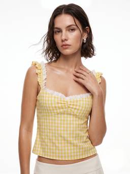 Outzidr - Yellow Checkered Sweetheart Neckline Top