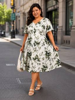Martini - Women Green Printed Plus Size Potli Buttoned A-Line Dress