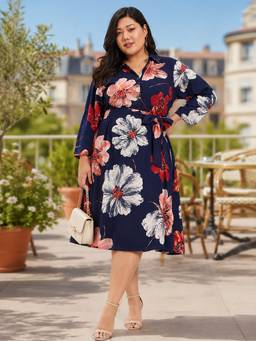 Martini - Women Blue Plus Size Floral Print Shirt Dress with Belt