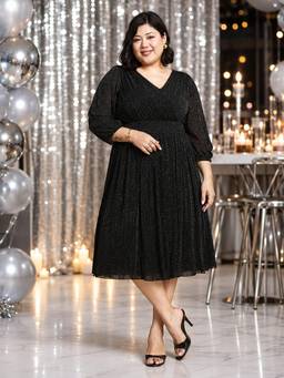 Martini - Women Black Plus Size Glitter Net Western Dress