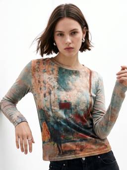 Outzidr - Multicolor Printed Sheer Mesh Top