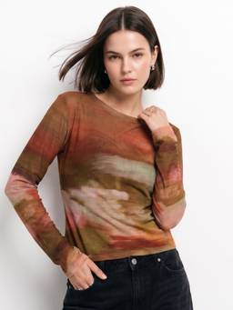 Outzidr - Multicolor Abstract Printed Sheer Mesh Top