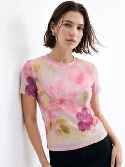 Outzidr - Pink Floral Printed Sheer Mesh Top