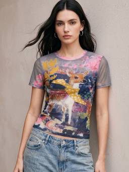 Outzidr - Multicolor Abstract Printed Sheer Mesh Top