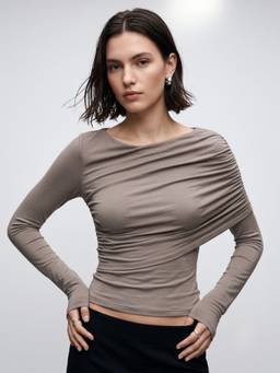 Outzidr - Grey Full Sleeved One Side Ruched Shoulder Top