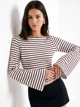 Outzidr - White Boat Neck Striped Top