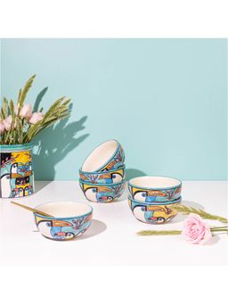 Amalfiee Ceramics - Handmade 4.5 Handpainted Tropical Bay Soup Bowl Set Of 6 Pcs