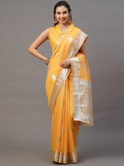 Akhilam - Yellow Festive Silk Blend Woven Design Saree with Unstitched