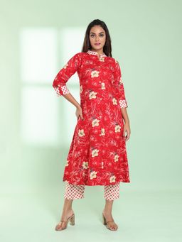 CHARUKRITI - Red Rayon Floral Printed A-line Stitched Kurta with Pant (Set of 2)