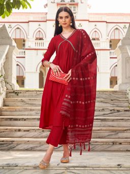 Tikhi Imli - Red Silk Blend Stone Work Alia Cut Flared Kurta with Pant and Dupatta (Set of 3)