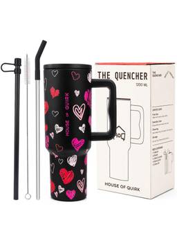 House of Quirk - Water Tumbler Hot - Cold with Handle & Lid 2 Straws 1200ML - Black Heart