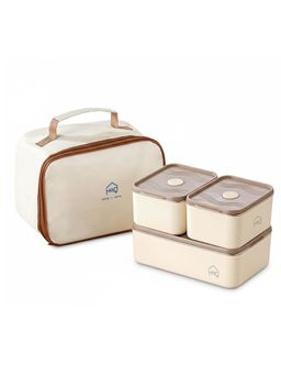 House of Quirk - Beige Steel Lunch Box for Adults Stackable Containers with Insulated Thermal Case