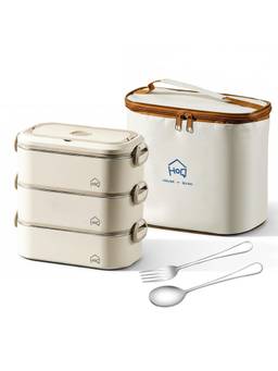 House of Quirk - Beige Steel Lunch Box for Adults Stackable Containers with Insulated Thermal Case