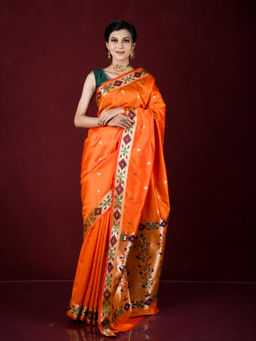 EXCLUSIVA - Orange Zari Woven Work Banarasi Saree with Unstitched Blouse