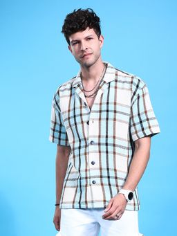 The Indian Garage Co - Men Relaxed Fit Checks Half Sleeves Cuban Collar Casual Shirt