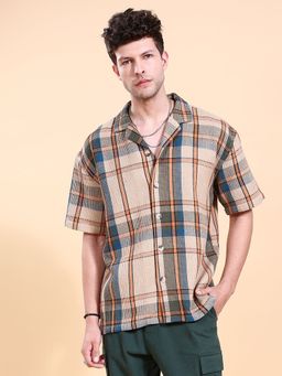 The Indian Garage Co - Men Relaxed Fit Checks Half Sleeves Cuban Collar Casual Shirt
