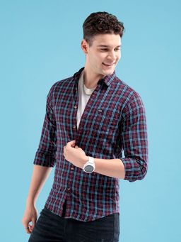 The Indian Garage Co - Men Slim Fit Checks Full Sleeves Spread Collar Casual Shirt Maroon