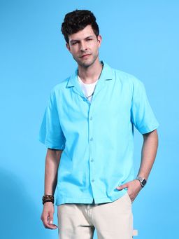 The Indian Garage Co - Men Relaxed Fit Solid Half Sleeves Cuban Collar Casual Shirt Turquoise