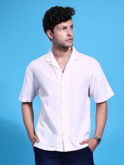 The Indian Garage Co - Men Relaxed Fit Solid Half Sleeves Cuban Collar Casual Shirt Pink