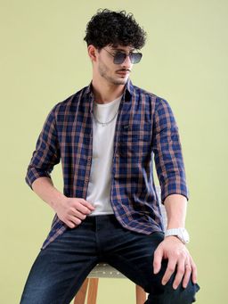 The Indian Garage Co - Men Slim Fit Checks Full Sleeves Spread Collar Casual Shirt Blue