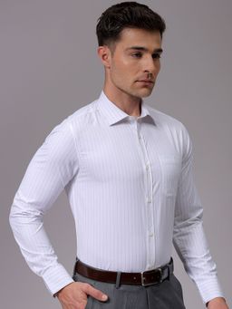 The Indian Garage Co - Men Slim Fit Striped Full Sleeves Cutaway Collar Formal Shirt White