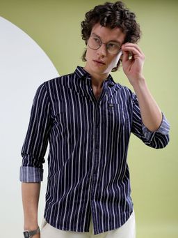 The Indian Garage Co - Men Slim Fit Blue Striped Full Sleeves Collar Casual Shirt