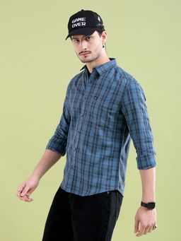 The Indian Garage Co - Men Slim Fit Checks Full Sleeves Spread Collar Casual Shirt Blue