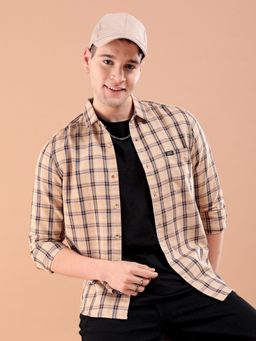 The Indian Garage Co - Men Slim Fit Checks Full Sleeves Spread Collar Casual Shirt Cream