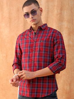 The Indian Garage Co - Men Slim Fit Checks Full Sleeves Spread Collar Casual Shirt Red