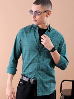 The Indian Garage Co - Men Slim Fit Checks Full Sleeves Spread Collar Casual Shirt Green
