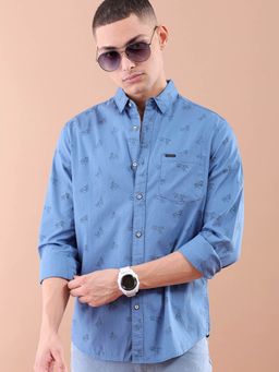 The Indian Garage Co - Men Slim Fit Graphic Print Full Sleeves Spread Collar Casual Shirt Teal