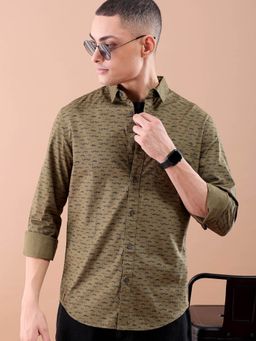 The Indian Garage Co - Men Slim Fit Graphic Print Full Sleeves Spread Collar Casual Shirt Olive