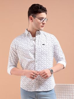 The Indian Garage Co - Men Slim Fit Graphic Print Full Sleeves Spread Collar Casual Shirt White