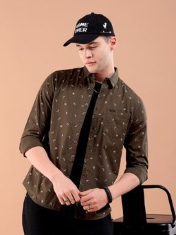 The Indian Garage Co - Men Slim Fit Graphic Print Full Sleeves Spread Collar Casual Shirt Brown