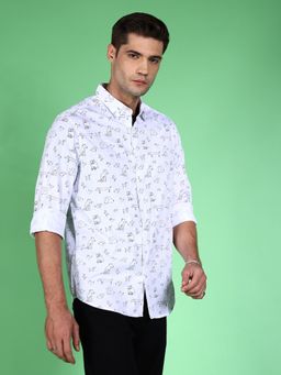 The Indian Garage Co - Men Slim Fit Printed Full Sleeves Cutaway Collar Casual Shirt White