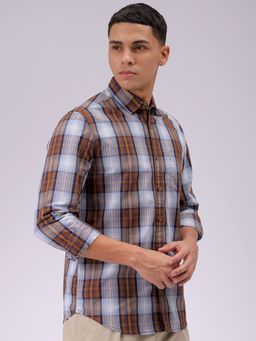 The Indian Garage Co - Men Slim Fit Checks Full Sleeves Cutaway Collar Casual Shirt Brown