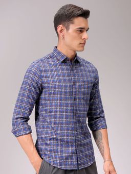 The Indian Garage Co - Men Slim Fit Checks Full Sleeves Cutaway Collar Casual Shirt Blue