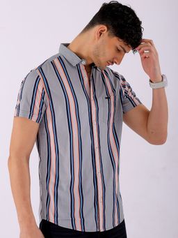 The Indian Garage Co - Men Regular Fit Striped Half Sleeves Cutaway Collar Casual Shirt Grey